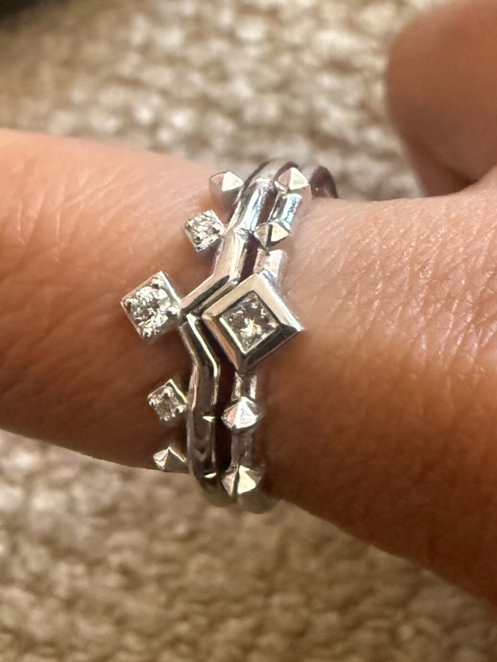 Michelle and Wave 14k White Gold Band Rings in White Diamond